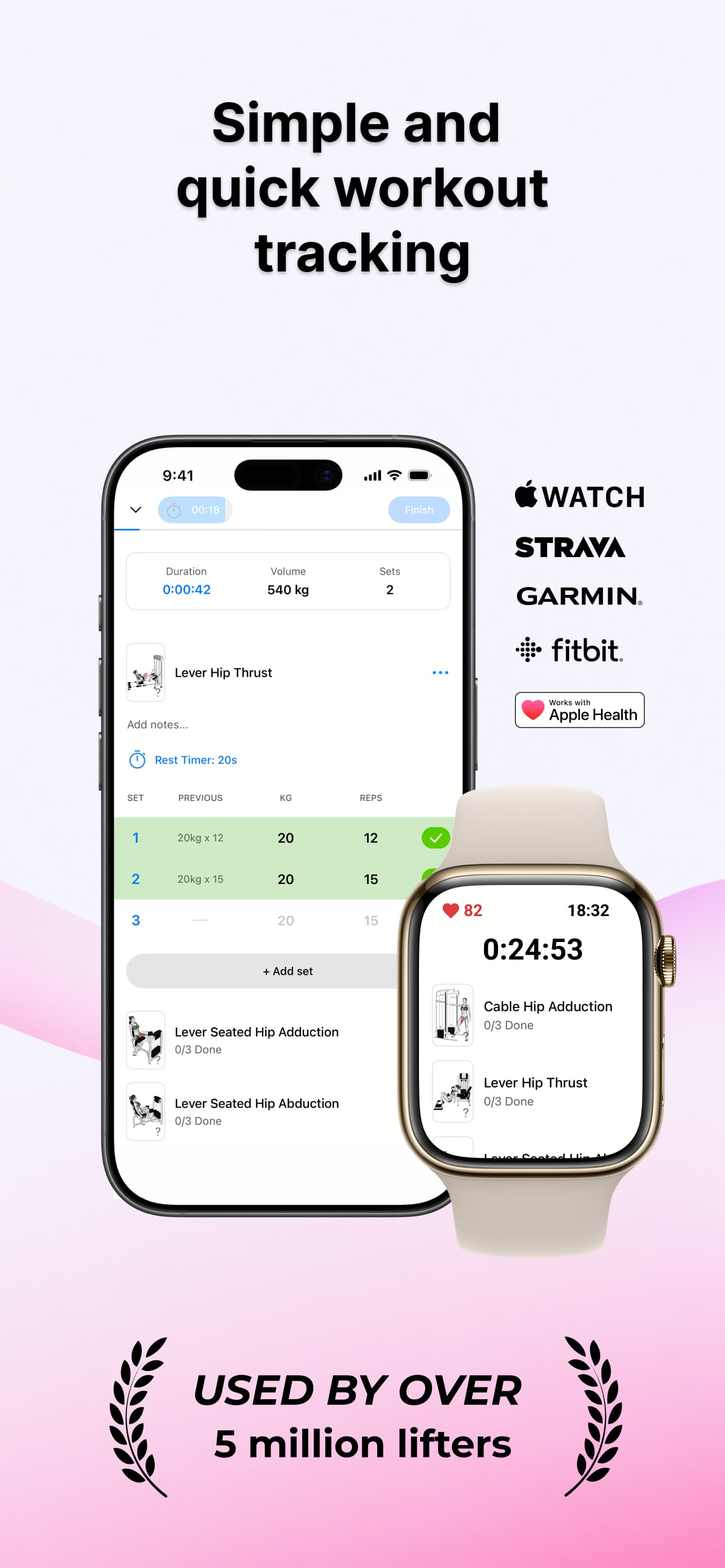 Lyfta client app workout tracking screen with Apple Watch integrations